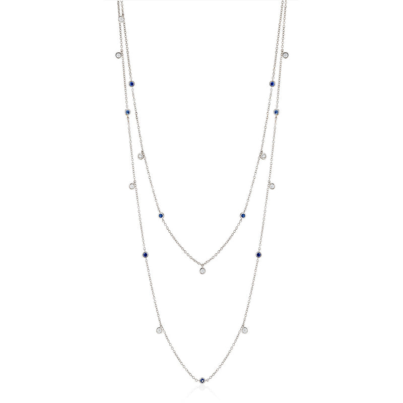 18ct White Gold Rub Set Round Cut Sapphire and Diamond Double Trace Link Necklace
