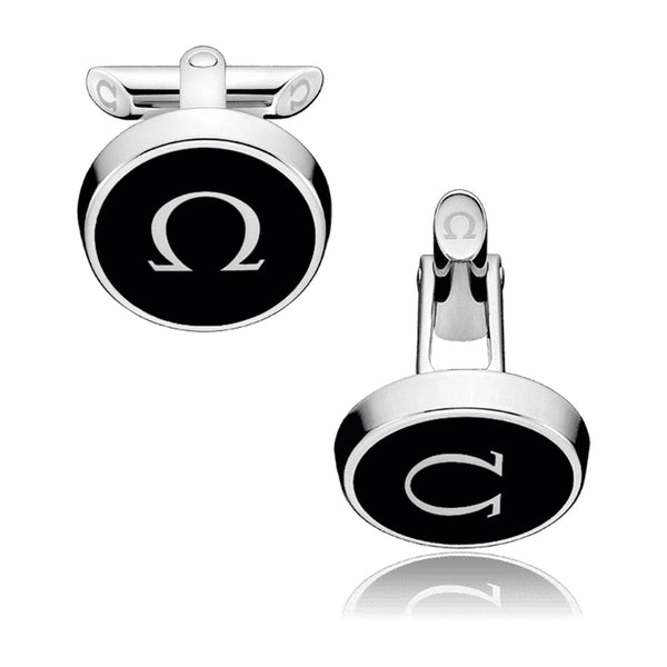 Omega Omegamania Stainless Steel Black Lacquer Cufflinks