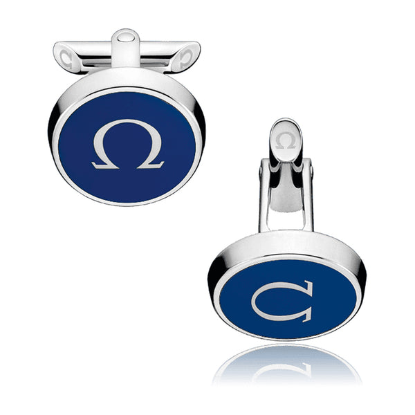Omega Omegamania Stainless Steel Blue Lacquer Cufflinks
