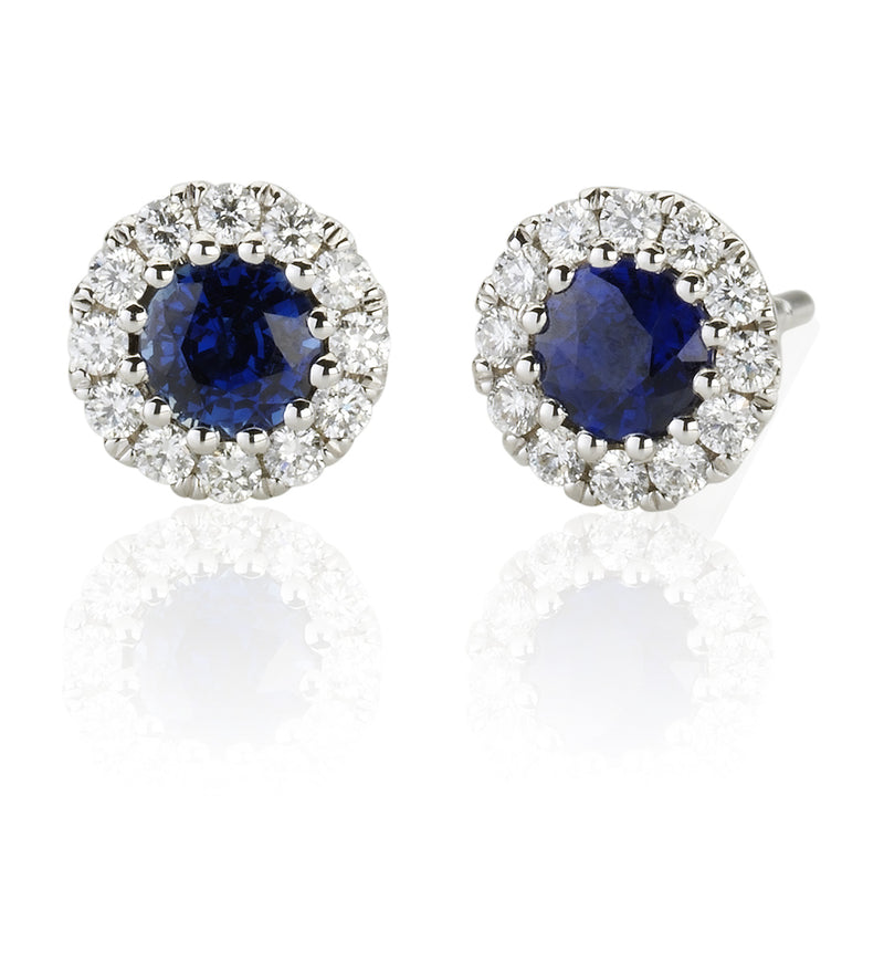 18ct White Gold Round Brilliant Cut Sapphire and Diamond Halo Cluster Stud Earrings