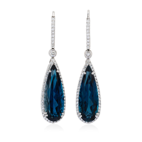 18ct White Gold Pear Cut London Blue Topaz and Round Brilliant Cut Diamond Halo Cluster Drop Earrings