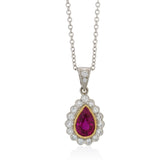 18ct Yellow and White Gold Pear Cut Ruby and Diamond Halo Cluster Pendant and Chain