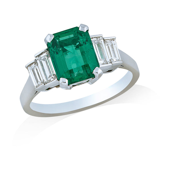 Platinum Five Stone Four Claw Set Emerald Cut Emerald and Baguette Cut Diamond Ring