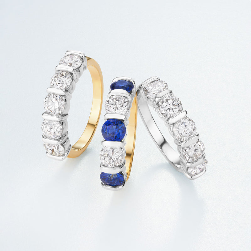 18ct Yellow and White Gold Round Cut Sapphire and Round Brilliant Cut Diamond Half Eternity Ring