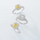 Platinum and 18ct Yellow Gold Cluster Rub Set Cushion Cut Natural Fancy Yellow Diamond and Round Brilliant Cut Diamond Halo Cluster Ring