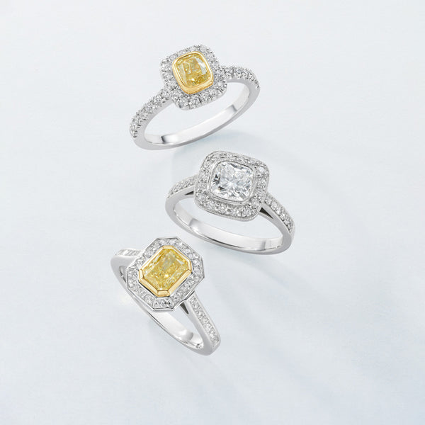 Platinum and 18ct Yellow Gold Cluster Rub Set Cushion Cut Natural Fancy Yellow Diamond and Round Brilliant Cut Diamond Halo Cluster Ring