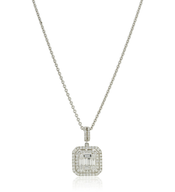 18ct White Gold Grain Set Baguette Cut Diamond and Round Brilliant Cut Double Halo Pendant and Chain