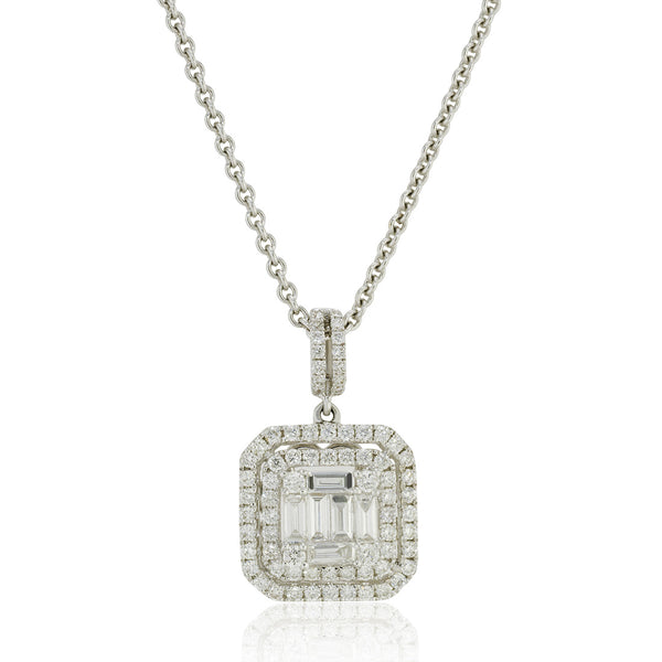 18ct White Gold Grain Set Baguette Cut Diamond and Round Brilliant Cut Double Halo Pendant and Chain