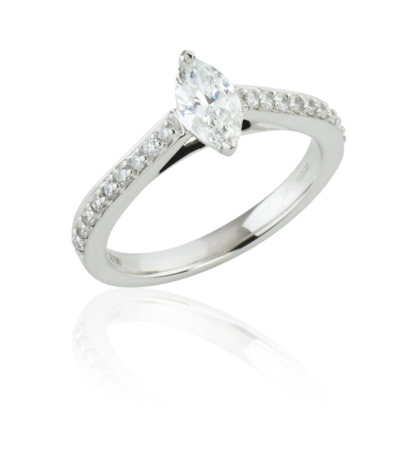 Platinum Single Marquise Cut Diamond Ring with Diamond Set Shoulders