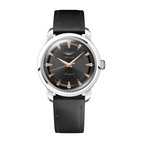 Longines Heritage Classic Steel 38mm Black Baton Dial Watch with a Steel Polished Bezel on a Black Leather Strap