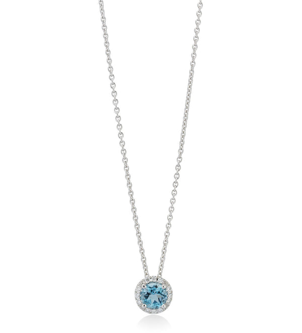 18ct White Gold Four Claw Set Round Cut Aquamarine and Diamond Halo Cluster Pendant and Chain