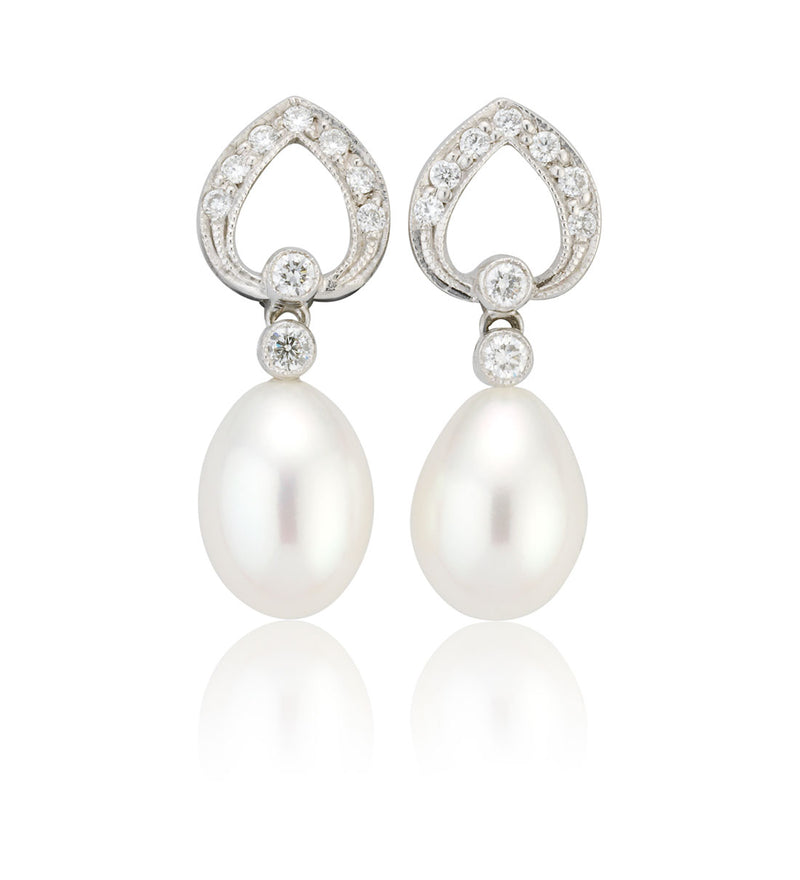 18ct White Gold Akoya Pearl and Round Brilliant Cut Diamond Drop Earrings