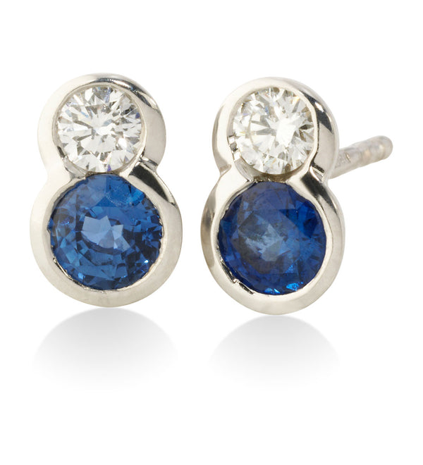 18ct White Gold Rub Set Round Cut Sapphire and Round Brilliant Cut Diamond Stud Earrings
