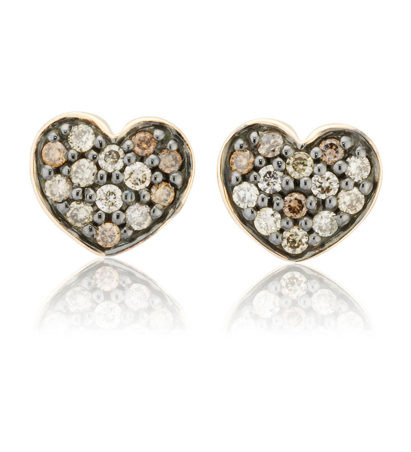 Piccolo 18ct Rose Gold Pave Set Round Brilliant Cut Brown Diamond Heart Stud Earrings