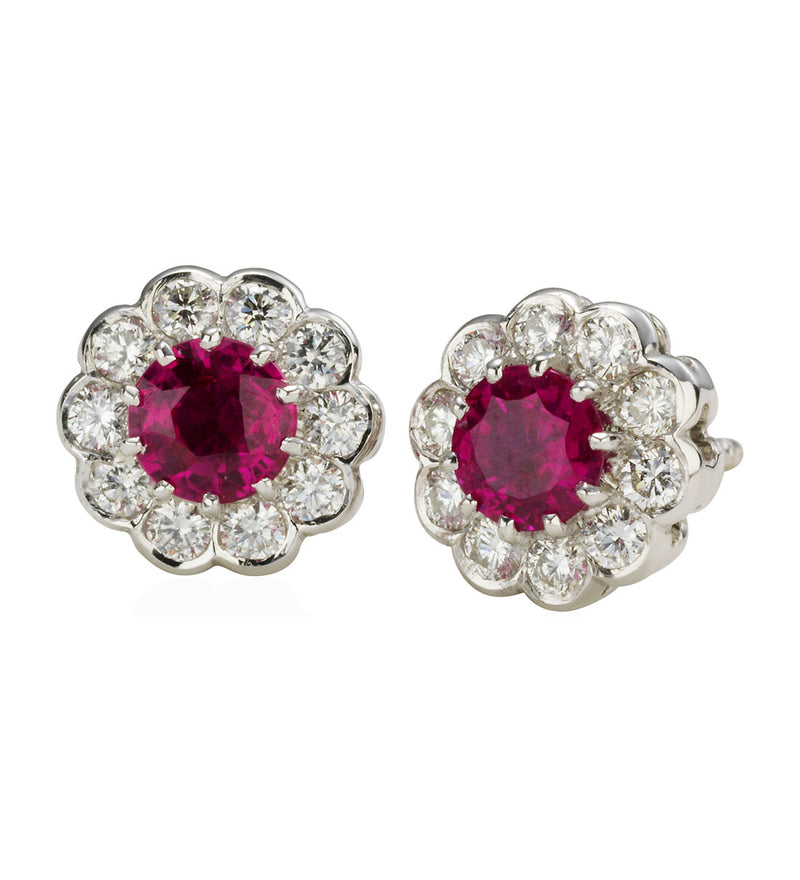 18ct White Gold Four Claw Set Round Cut Ruby and Round Brilliant Cut Diamond Halo Cluster Earrings