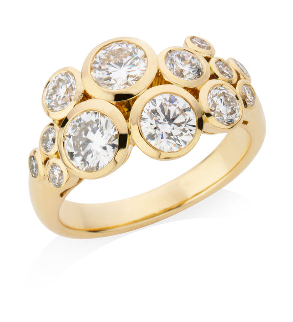 18ct Yellow Gold Rub Set Round Brilliant Cut Diamond Cluster Ring