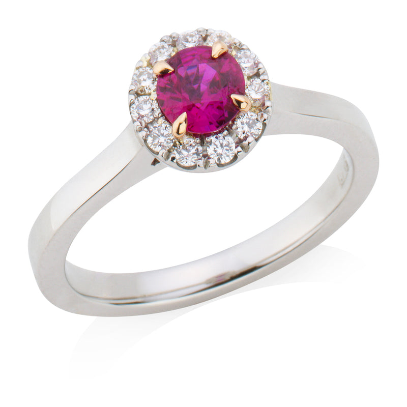 Platinum Four Claw Set Round Cut Ruby and Diamond Halo Cluster Ring