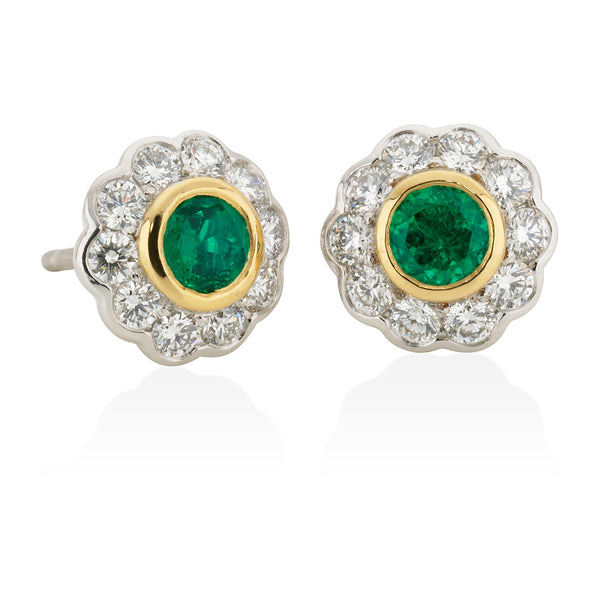 18ct White and Yellow Gold Rub Set Round Cut Emerald and Diamond Cluster Stud Earrings