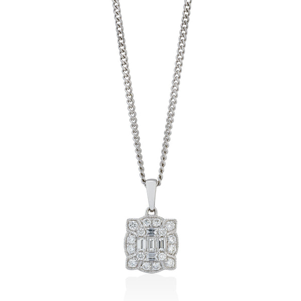 18ct White Gold Four Claw Set Baguette Cut Diamond and Round Brilliant Cut Cluster Pendant and Chain