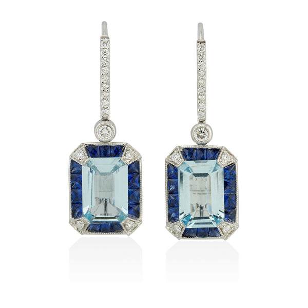 18ct White Gold Emerald Cut Aquamarine and Princess Cut Sapphire Target Cluster Drop Earrings