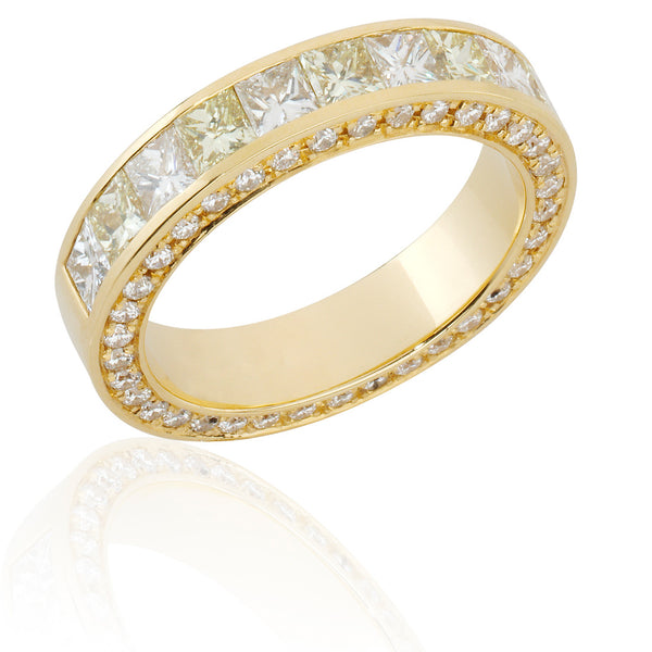 18ct Yellow Gold Channel Set Princess Cut Yellow and White Diamond Full Eternity Ring