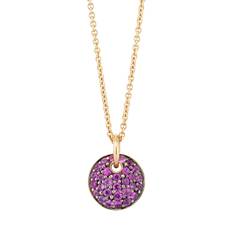 Piccolo 18ct Rose Gold Pave Set Round Cut Pink Sapphire Circular Pendant and Chain