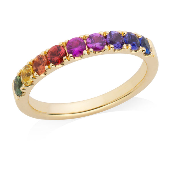 18ct Yellow Gold Four Claw Set Round Cut Rainbow Sapphire Half Eternity Ring