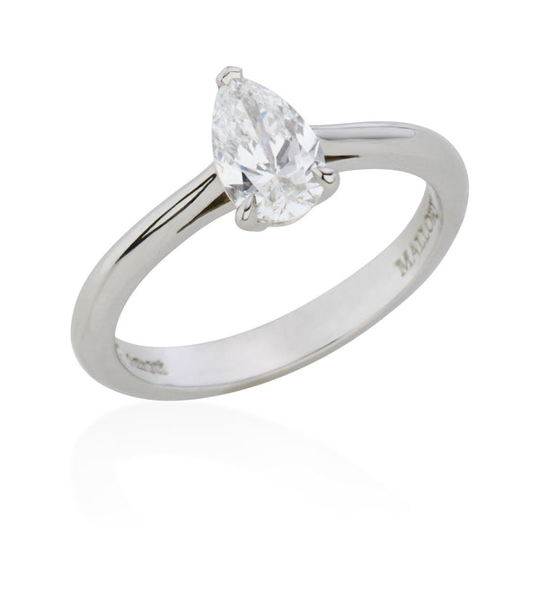 Platinum Single Stone Three Claw Set Pear Cut Diamond Ring