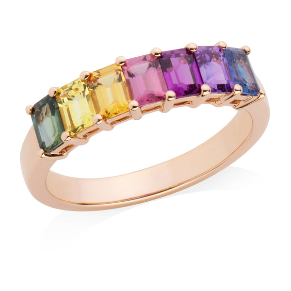 18ct Rose Gold Emerald Cut Rainbow Sapphire Half Eternity Ring