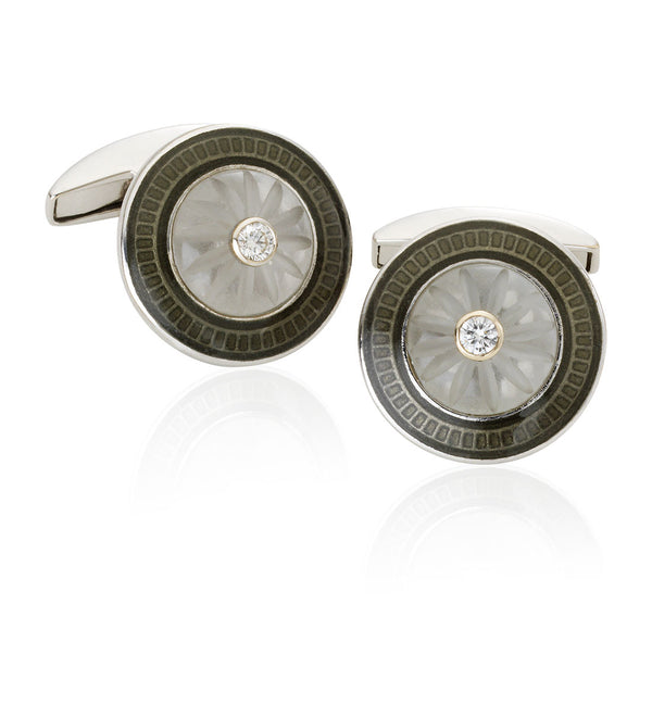 18ct White Gold Rub Set Round Brilliant Cut Diamond Grey Enamel Cufflinks