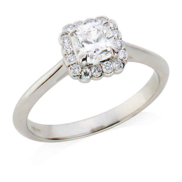Platinum Cushion Cut Diamond and Round Brilliant Cut and Diamond Halo Cluster Ring