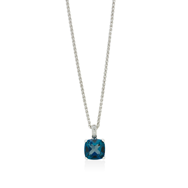 18ct White Gold Cushion Cut London Blue Topaz and Diamond Pendant and Chain