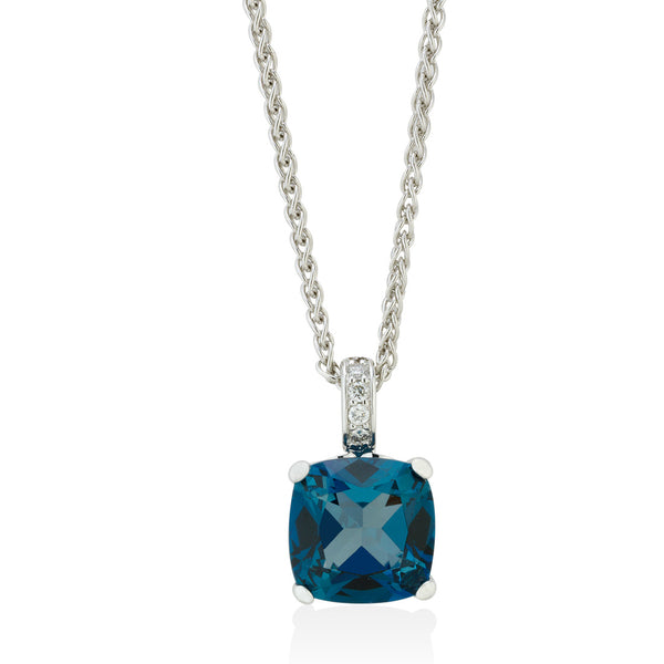 18ct White Gold Cushion Cut London Blue Topaz and Diamond Pendant and Chain