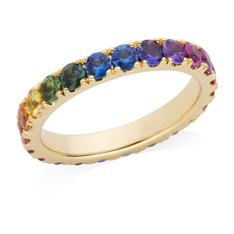 18ct Yellow Gold Round Cut Rainbow Sapphire Full Eternity Ring