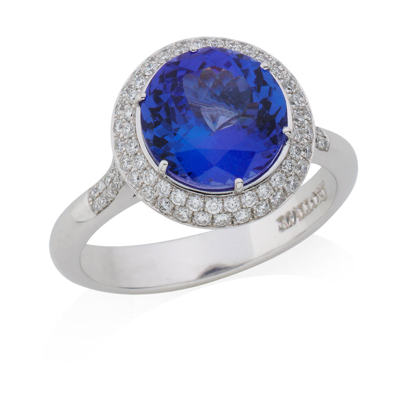 18ct White Gold  Round Cut Tanzanite and Diamond Double Halo Cluster Ring with Diamond Shoulders