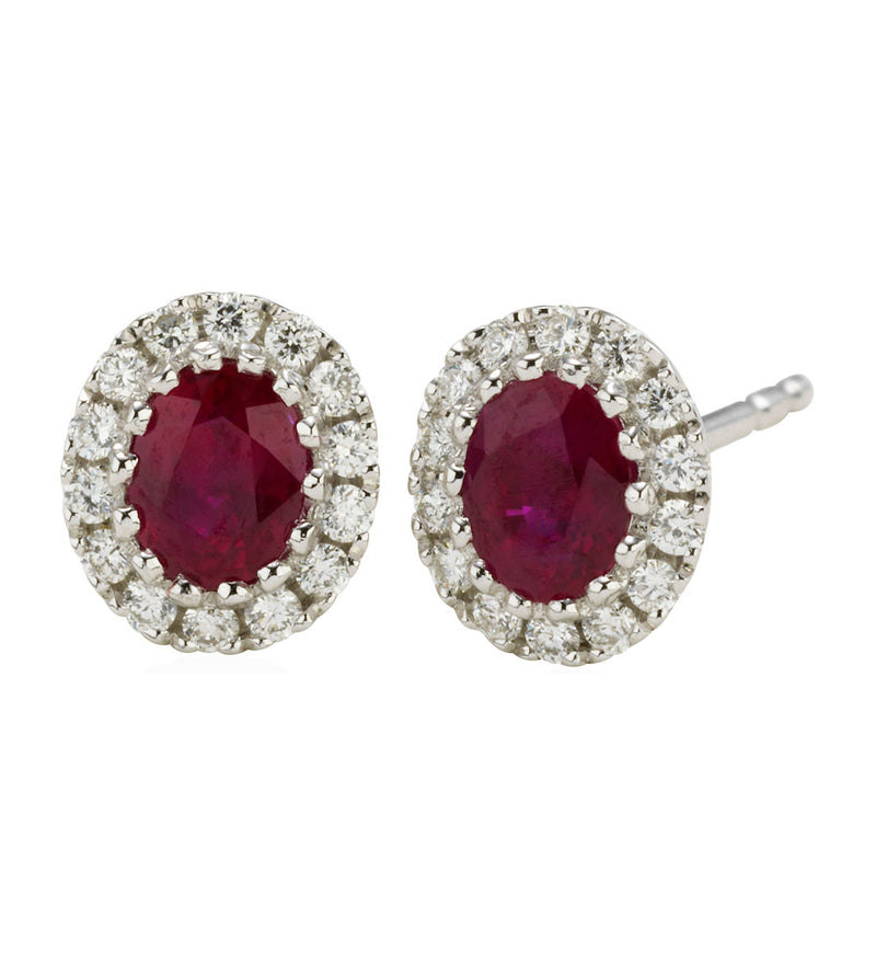 18ct White Gold Oval Cut Ruby and Diamond Halo Cluster Stud Earrings