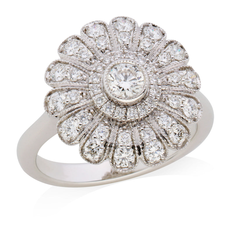 18ct White Gold Round Brilliant Cut Diamond Floral Cluster Ring