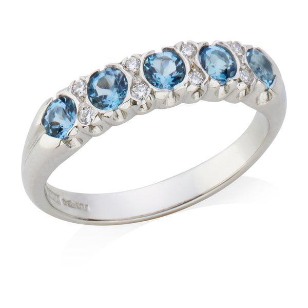 18ct White Gold Aquamarine and Round Brilliant Cut Diamond Half Eternity Ring