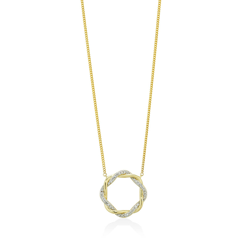 18ct Yellow and White Gold Pave Set Round Brilliant Cut Diamond Circular Pendant and Chain