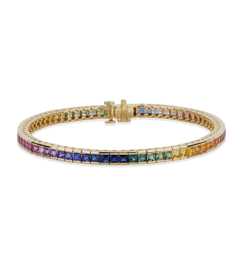 18ct Yellow Gold Bar Set Princess Cut Rainbow Sapphire Line Bracelet