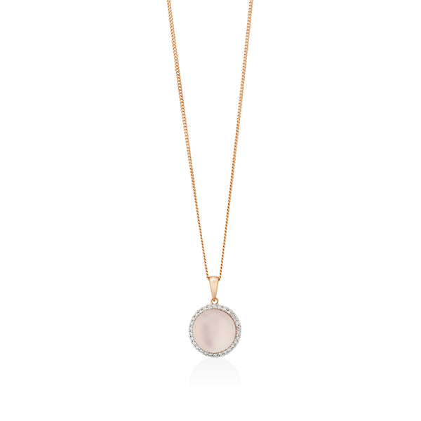 18ct Rose Gold Rose Quartz and Diamond Halo Cluster Pendant and Chain