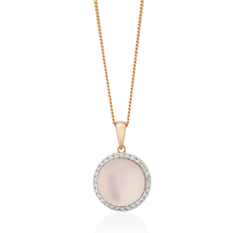 18ct Rose Gold Rose Quartz and Diamond Halo Cluster Pendant and Chain