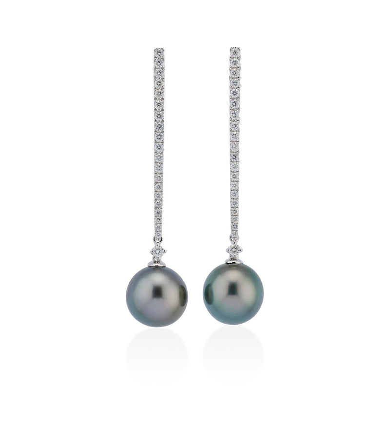 18ct White Gold Tahitian Cultured Pearl and Round Brilliant Cut Diamond Drop Earrings
