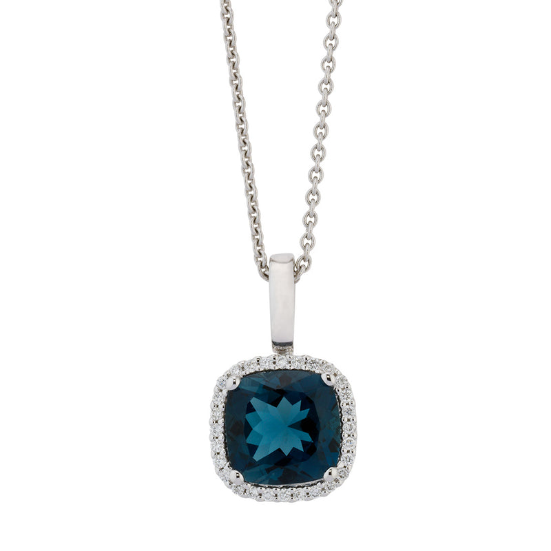 18ct White Gold Cushion Cut London Blue Topaz and Round Brilliant Cut Diamond Halo Cluster Pendant and Chain