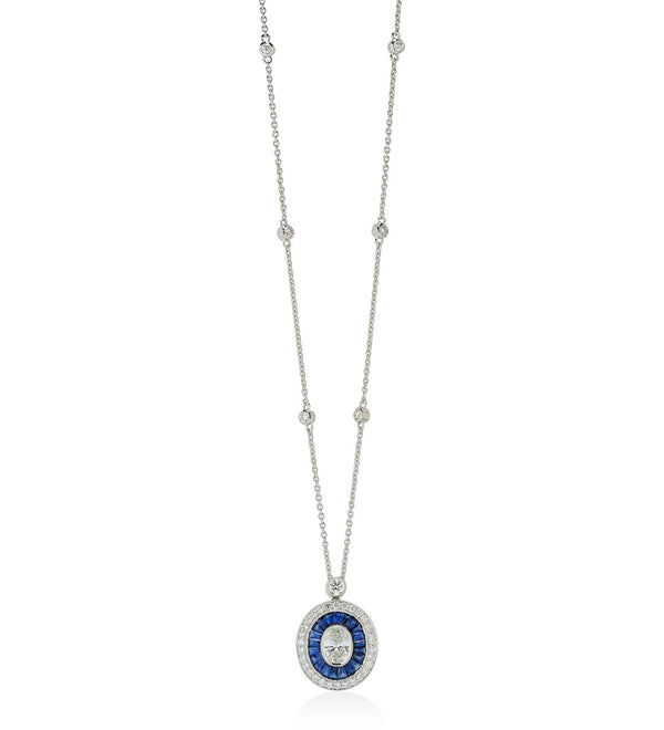 18ct White Gold Milgrain Edge Rub Set Sapphire and Diamond Halo Cluster Pendant and Chain