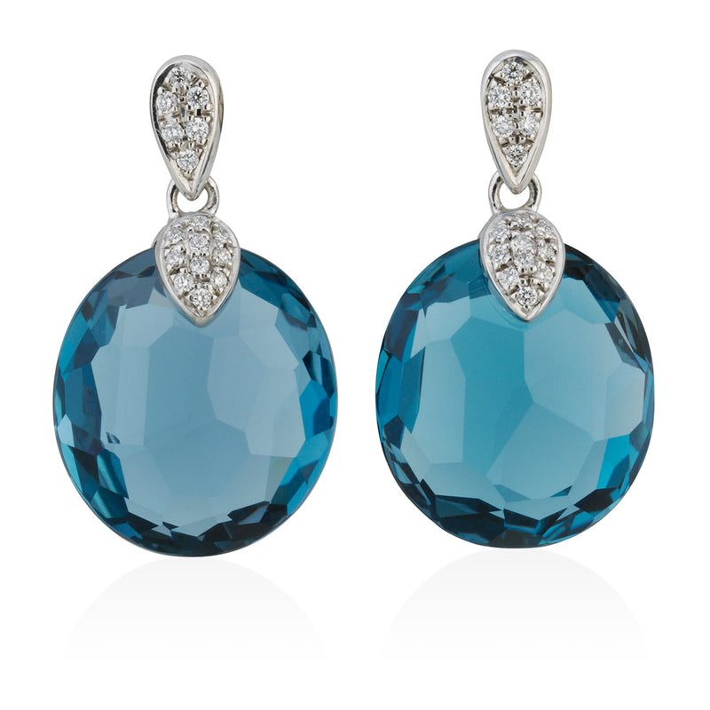 18ct White Gold London Blue Topaz and Round Brilliant Cut Diamond Drop Earrings