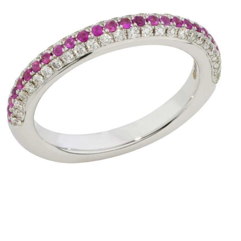 18ct White Gold Pave Set Round Cut Pink Sapphire and Round Brilliant Cut Diamond Half Eternity Ring