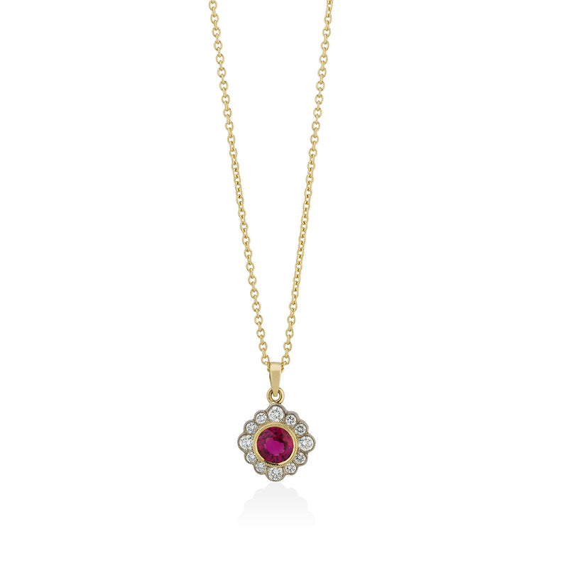 18ct Yellow and White Gold Milgrain Edge Rub Set Round Cut Ruby and Diamond Halo Cluster Pendant and