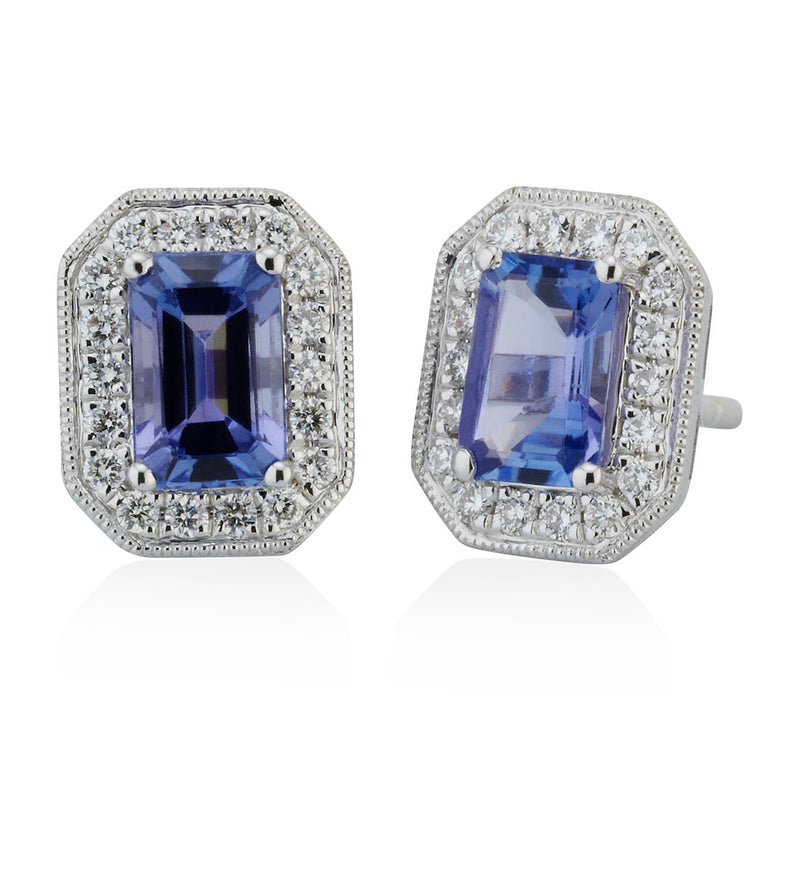 18ct White Gold Four Claw Set Emerald Cut Tanzanite and  Diamond Halo Cluster Stud Earrings