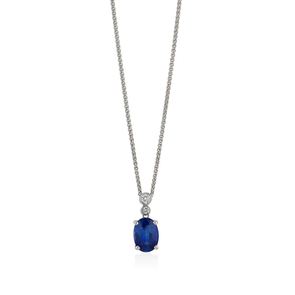 18ct White Gold Oval Cut Sapphire and Diamond Drop Pendant and Chain
